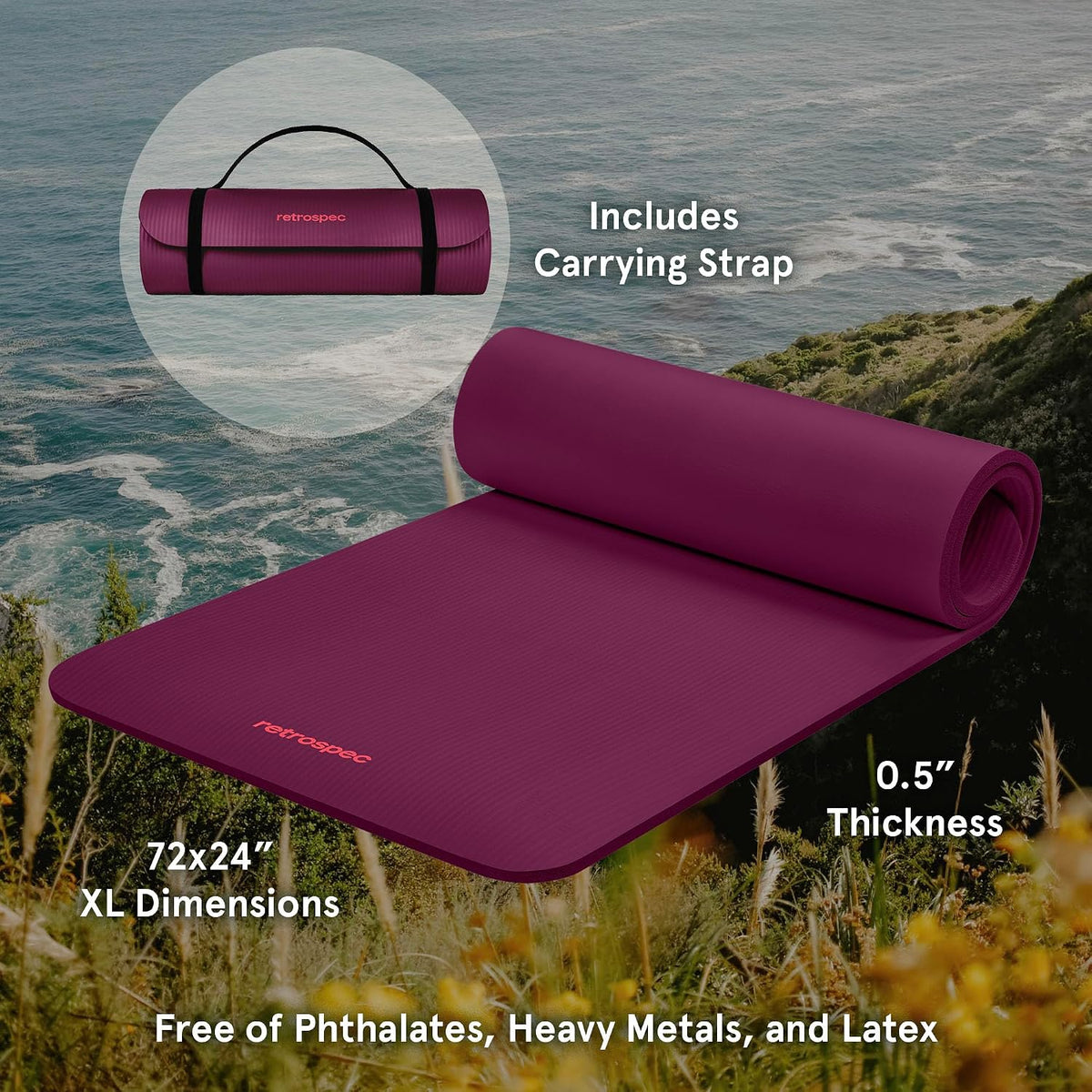 Solana Yoga Mat Thick 1/2In Non-Slip Workout Mat with Nylon Strap - 72X24In Exercise Mat for Pilates, Stretching & Fitness - BPA Free, Easy Clean