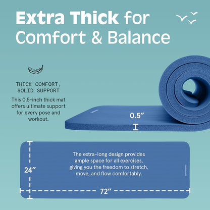 Solana Yoga Mat Thick 1/2In Non-Slip Workout Mat with Nylon Strap - 72X24In Exercise Mat for Pilates, Stretching & Fitness - BPA Free, Easy Clean