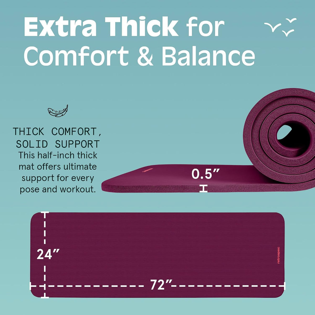 Solana Yoga Mat Thick 1/2In Non-Slip Workout Mat with Nylon Strap - 72X24In Exercise Mat for Pilates, Stretching & Fitness - BPA Free, Easy Clean