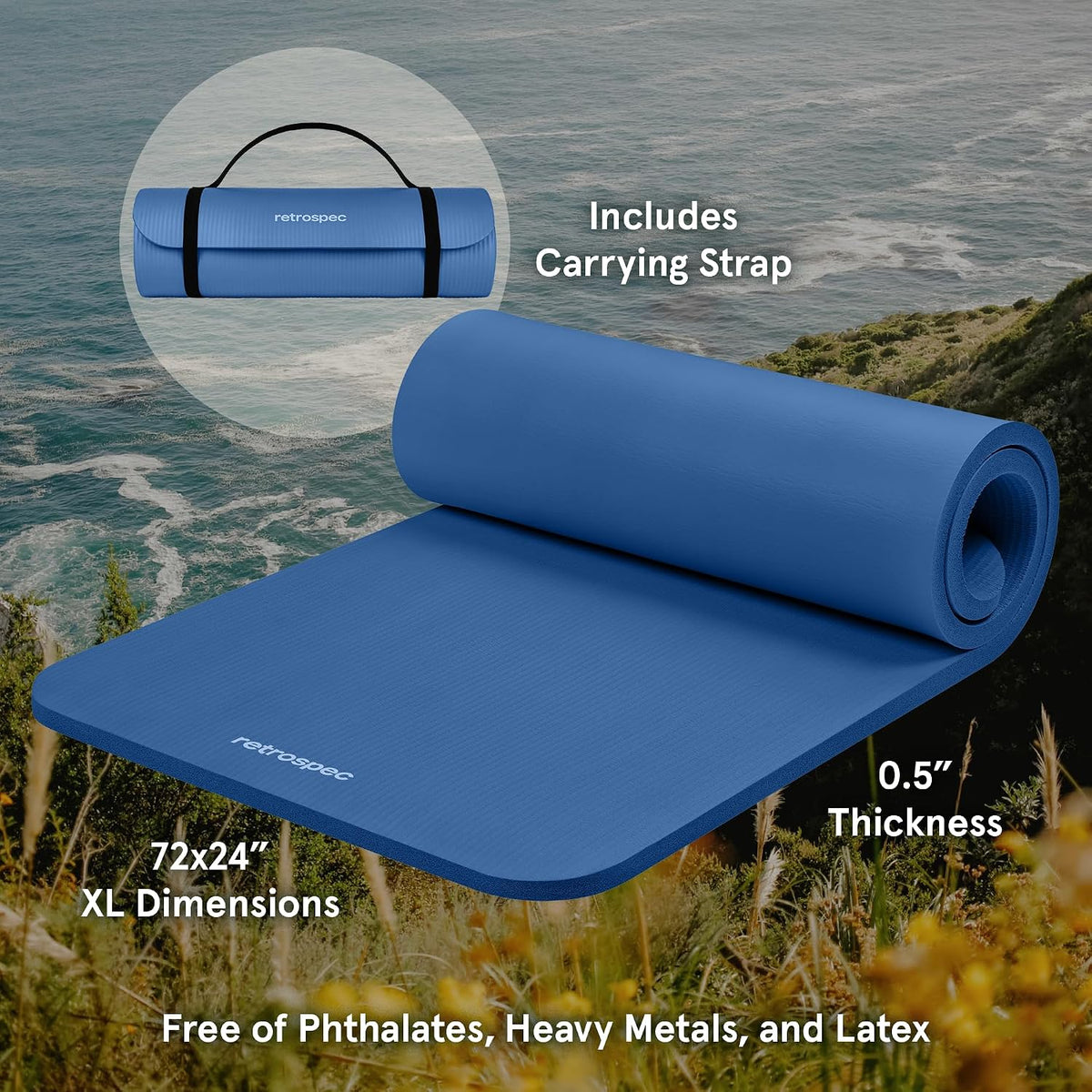Solana Yoga Mat Thick 1/2In Non-Slip Workout Mat with Nylon Strap - 72X24In Exercise Mat for Pilates, Stretching & Fitness - BPA Free, Easy Clean