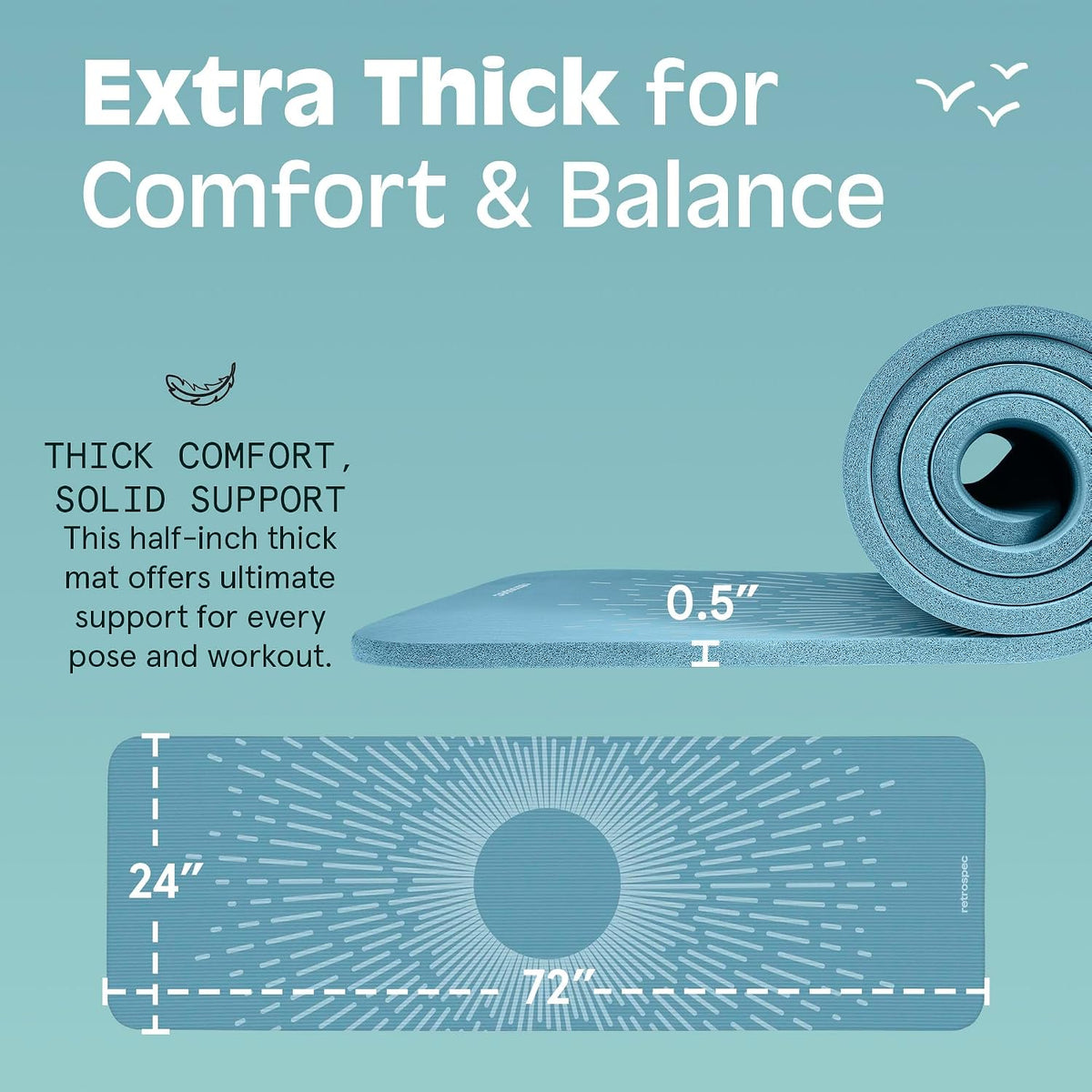 Solana Yoga Mat Thick 1/2In Non-Slip Workout Mat with Nylon Strap - 72X24In Exercise Mat for Pilates, Stretching & Fitness - BPA Free, Easy Clean