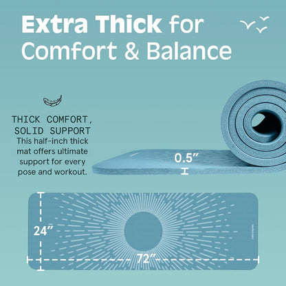 Solana Yoga Mat Thick 1/2In Non-Slip Workout Mat with Nylon Strap - 72X24In Exercise Mat for Pilates, Stretching & Fitness - BPA Free, Easy Clean