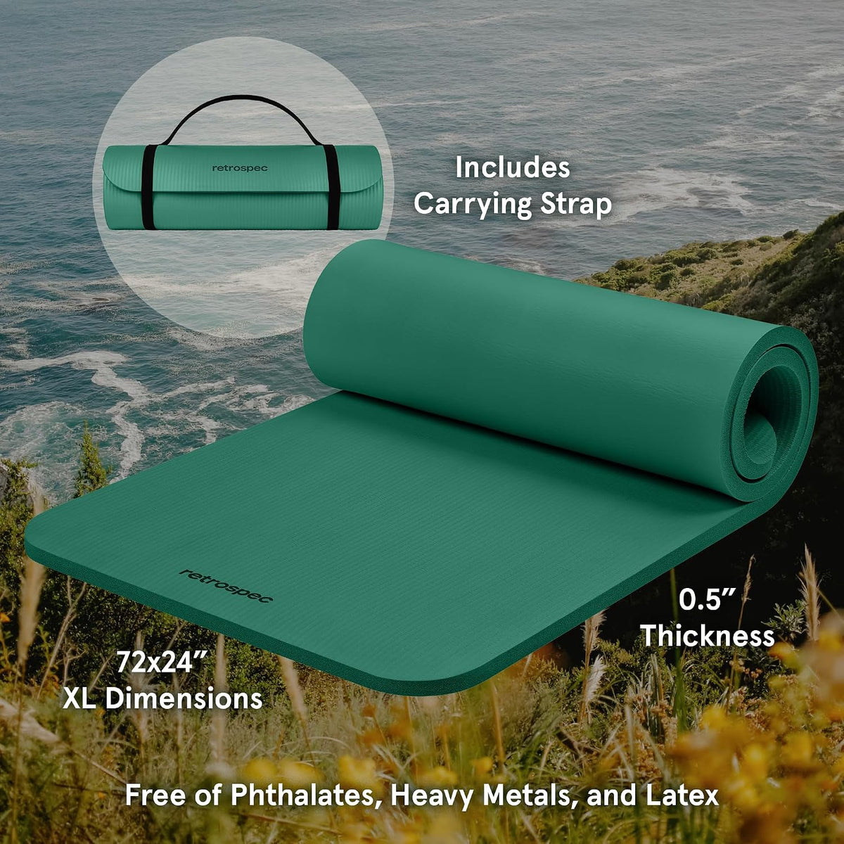 Solana Yoga Mat Thick 1/2In Non-Slip Workout Mat with Nylon Strap - 72X24In Exercise Mat for Pilates, Stretching & Fitness - BPA Free, Easy Clean