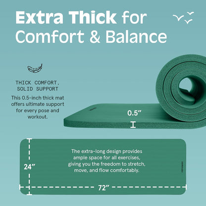 Solana Yoga Mat Thick 1/2In Non-Slip Workout Mat with Nylon Strap - 72X24In Exercise Mat for Pilates, Stretching & Fitness - BPA Free, Easy Clean